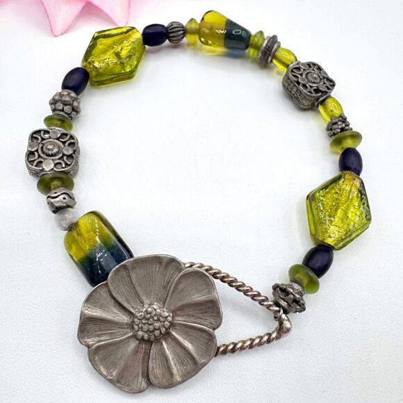 Vintage Danforth Pewterers Green Art Glass Pewter Bracelet Etched Flower Toggle - Picture 1 of 9